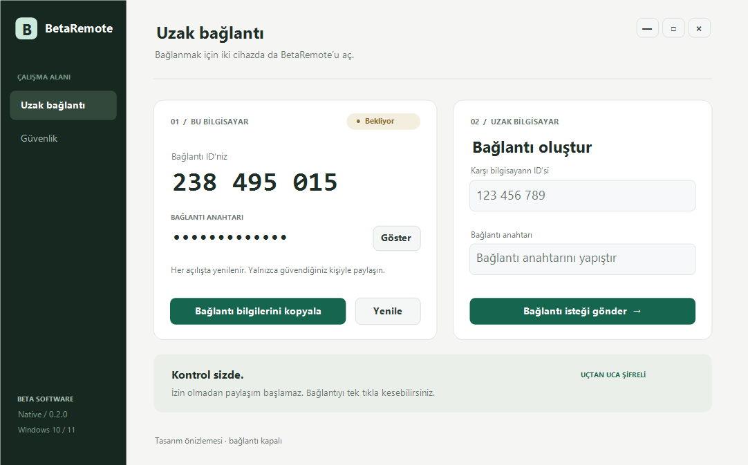 BetaRemote Native arayüzü: sol tarafta bu bilgisayarın ID ve bağlantı anahtarı, sağ tarafta uzak bilgisayara bağlanma alanı